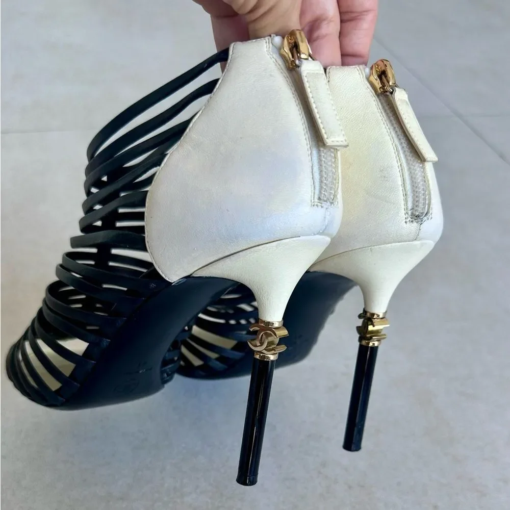 Chanel Caged CC Gladiator High Heel Peep Toe Sandals Black & Ivory Leather EU 41